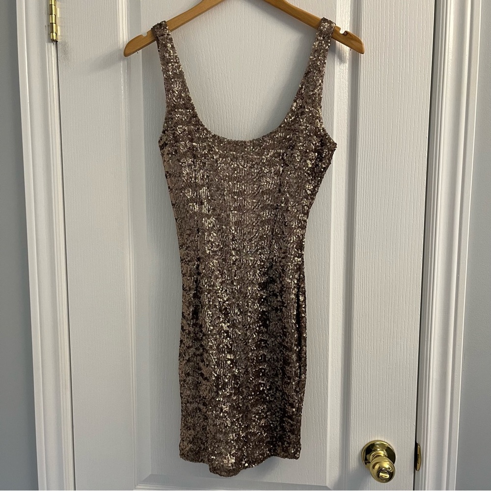 Small gold sequined mini dress, low back